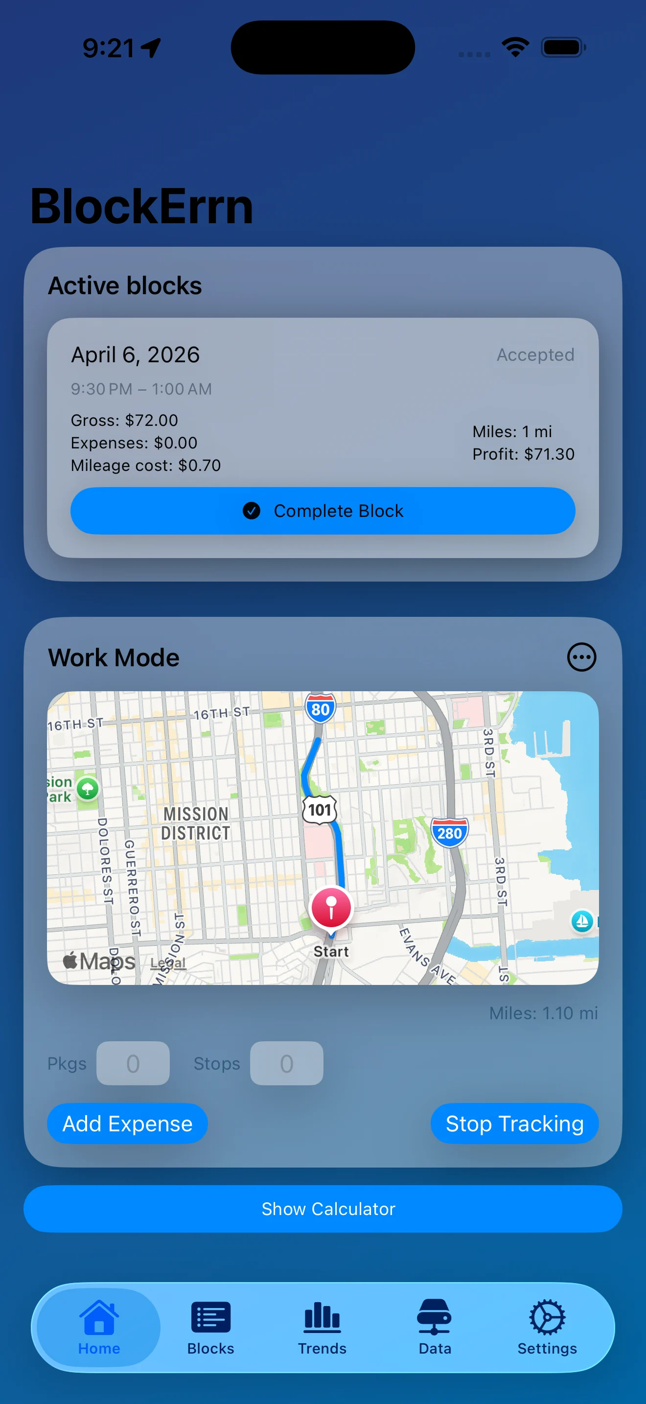 Active block and work mode screen