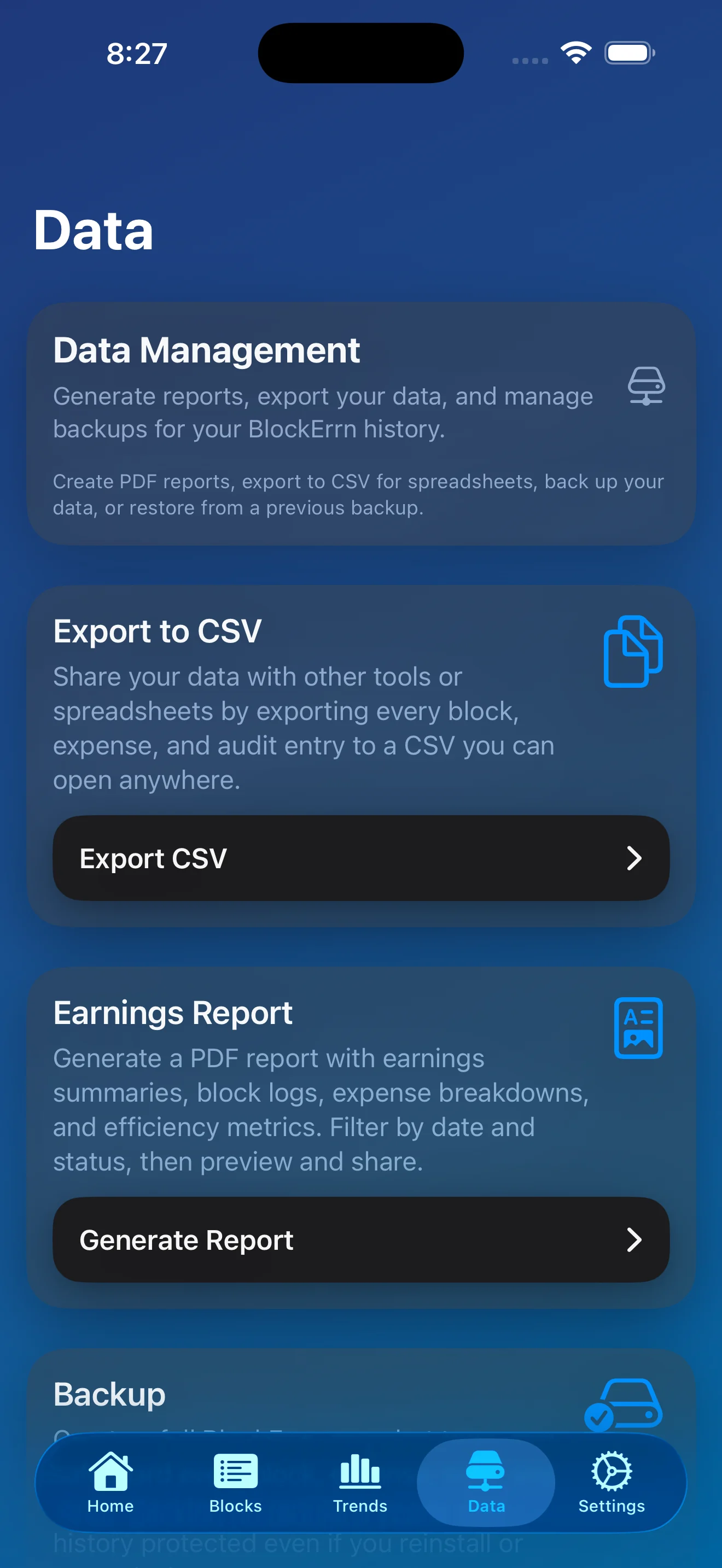 Data tools screen