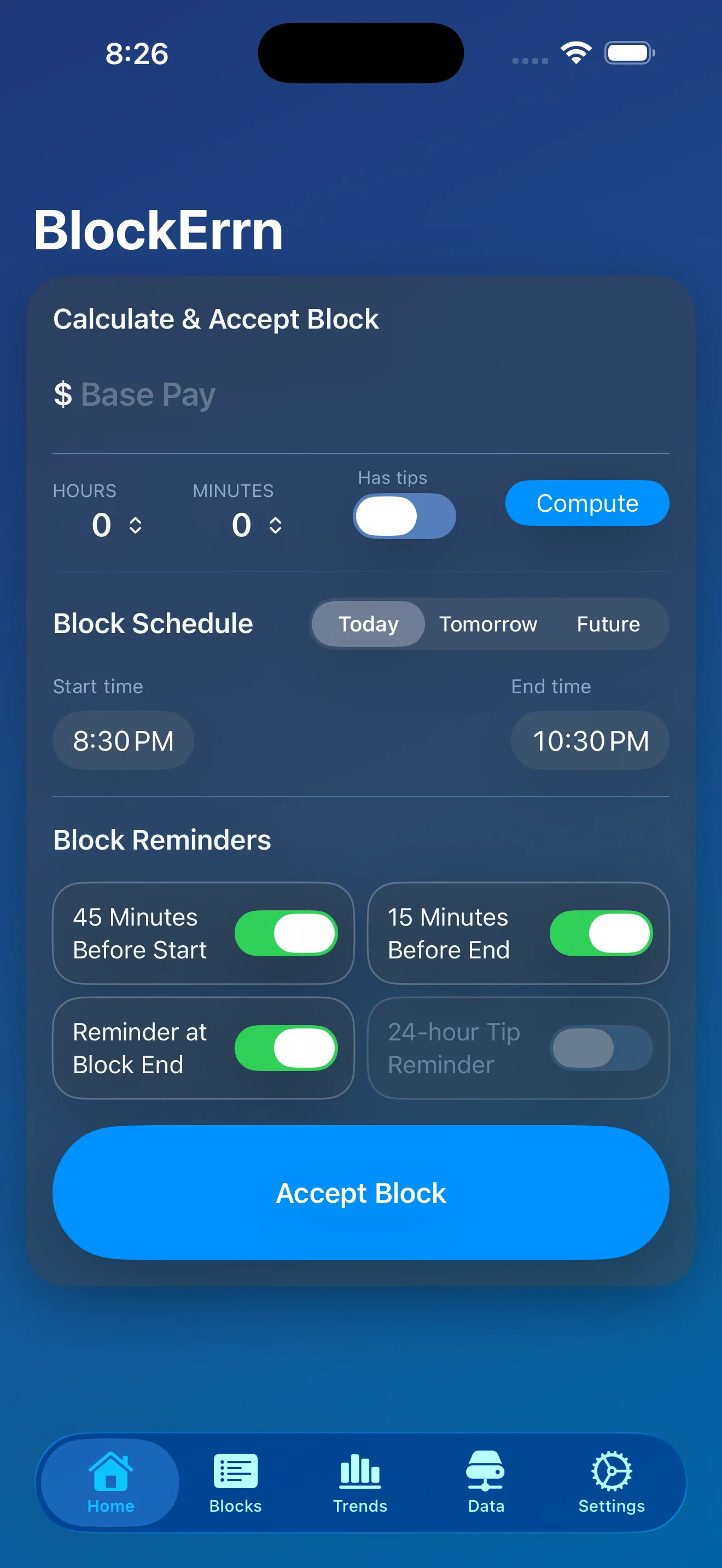 Calculate and accept block screen