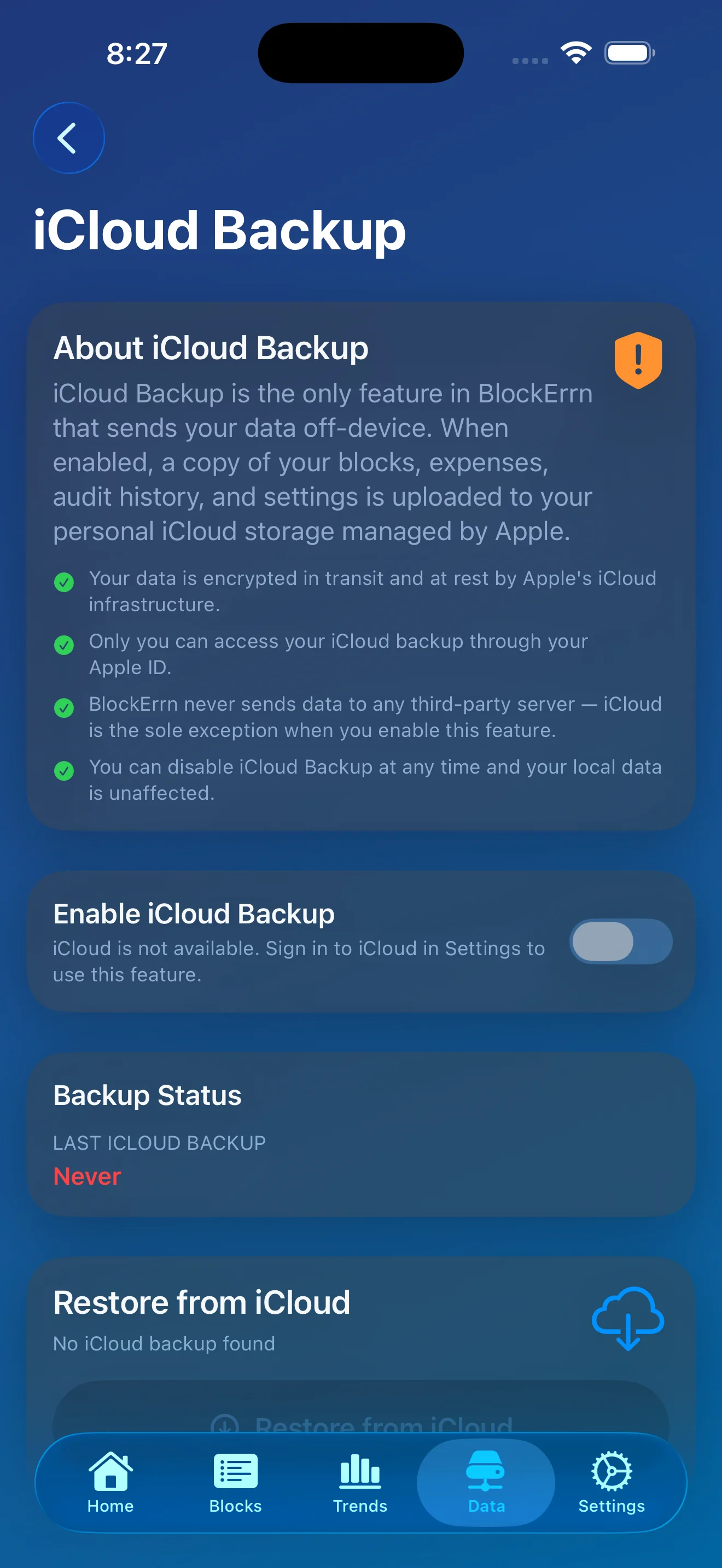 iCloud backup screen